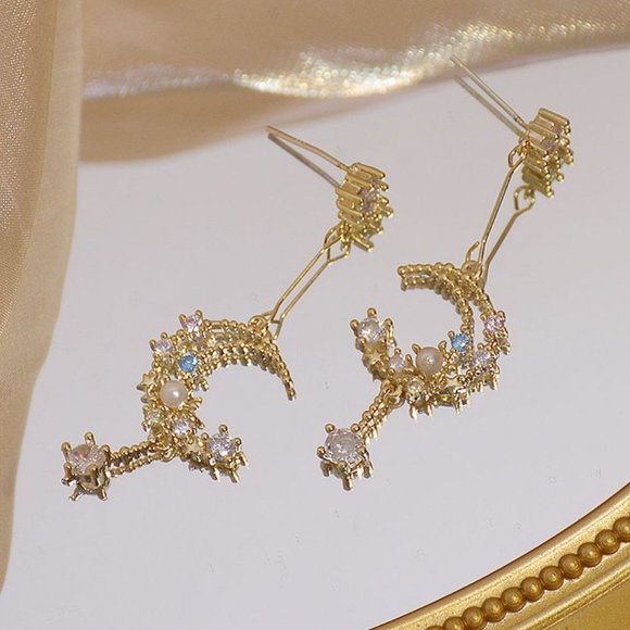 Jewelry - NEW 14K Gold Plated Diamond Moon Star Earrings